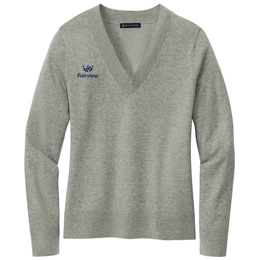 Brooks Brothers Women's Light Shadow Grey Heather Cotton Stretch V-Neck Sweater